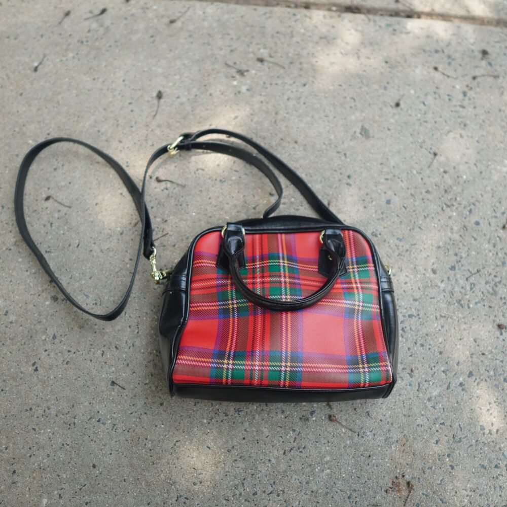 Red Plaid Tartan Bowler Bag Punk Goth Grunge Crossbody Handbag Satchel